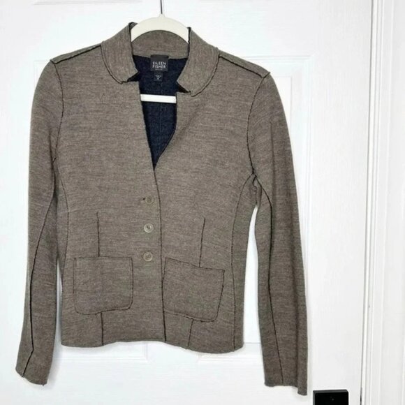 EILEEN FISHER Brown Merino Wool Exposed Seam Button Front Jacket Sz Petite Small - Picture 1 of 6